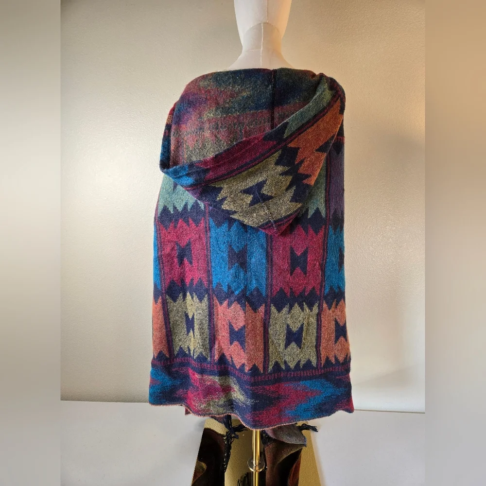 Woven Heart Hooded Cape Poncho with Fringe Medium